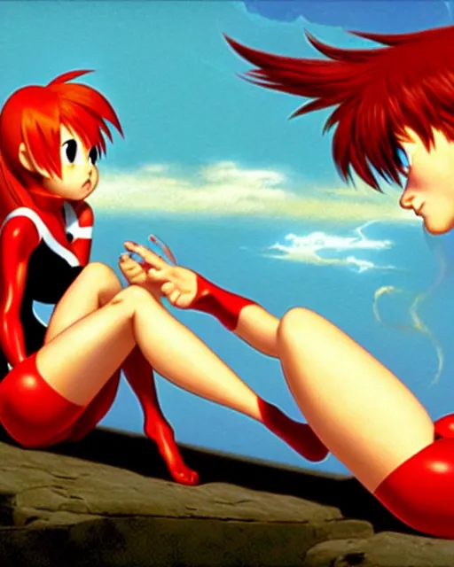 Prompt: pixar movie still photo of asuka langley soryu pleasuring herself, asuka from evangelion, by greg rutkowski, gil elvgren, enoch bolles, glossy skin, pearlescent, anime, maxim magazine, very coherent