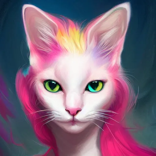 Image similar to colorful and festive cat with pink hair,. rich vivid colors, ambient lighting, dynamic lighting, 4 k, atmospheric lighting, painted, intricate, highly detailed by charlie bowater