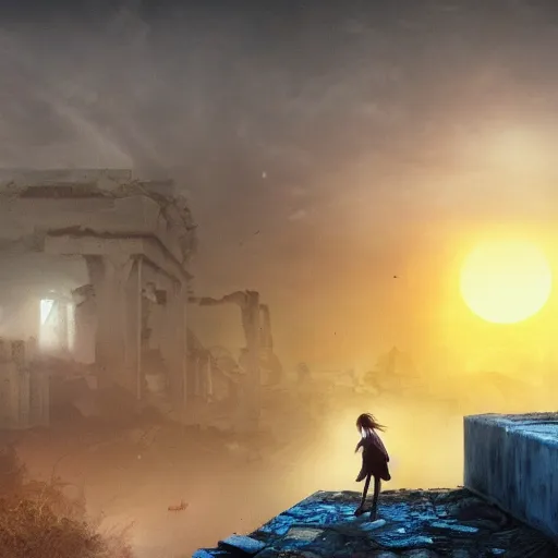 Image similar to A beautiful picture of a blue eye suicidal girl against the background of ruins of a destroyed city and a yellow-red moon, artstation, extremely detailed, volumetric lighting, atmosphere, hyper realism, fantasy 4k