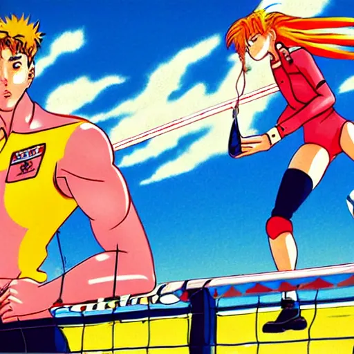 Image similar to top gun maverick playing volleyball against asuka langley, sprite, vaporwave nostalgia, directed by beat takeshi, visual novel cg, 8 0 s anime vibe, kimagure orange road, maison ikkoku, sketch by osamu tezuka, directed by makoto shinkai and beat takeshi