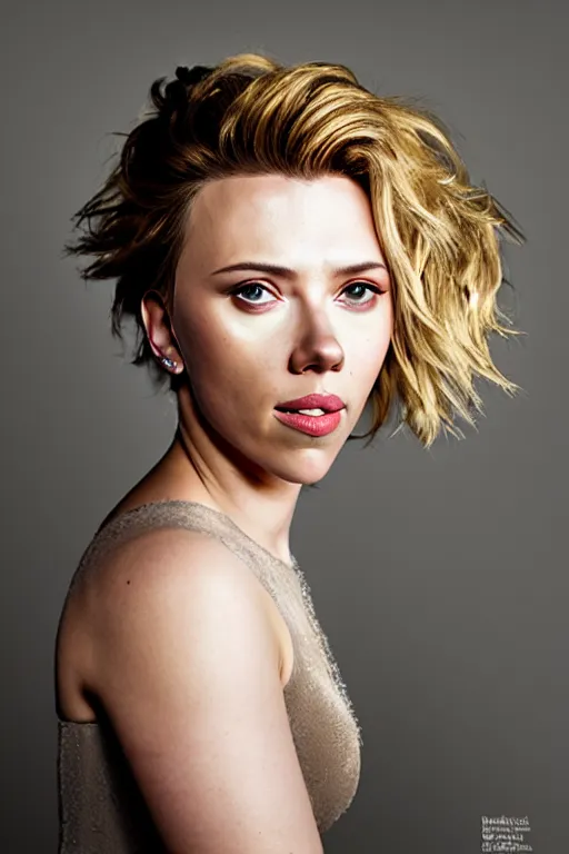 Prompt: a portrait of scarlett johansson with rembrandt lighting,, single head, no double head,