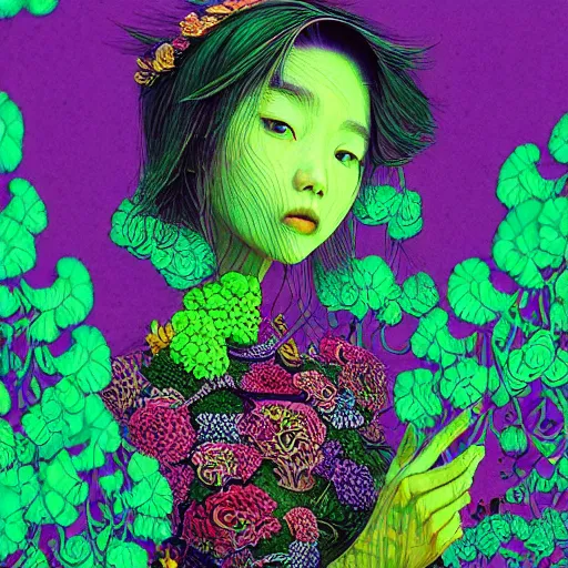 Image similar to the portrait of an unbelievably beautiful, elegant, and sophicated young korean instagram model partially made of broccoli, an ultrafine detailed illustration by james jean, intricate linework, bright colors, final fantasy, behance contest winner, vanitas, angular, altermodern, unreal engine 5 highly rendered, global illumination, radiant light, detailed and intricate environment
