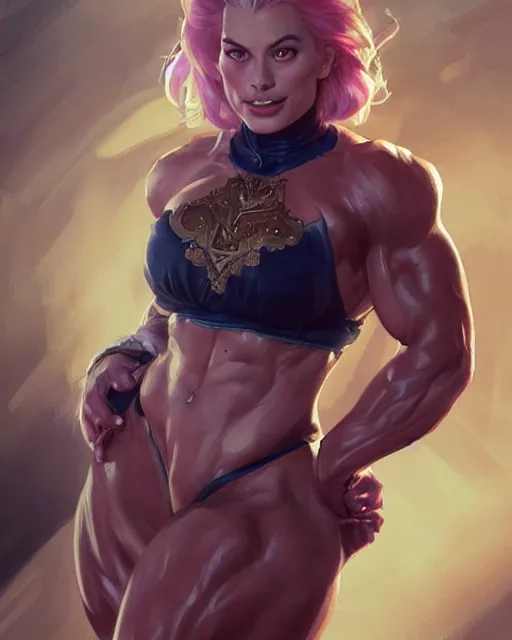 Prompt: full figure ultra realistic illustration, margot robbie as thick female bodybuilder witch zarya from overwatch smiling with closed eyes, intricate, elegant, highly detailed, digital painting, artstation, concept art, smooth, sharp focus, illustration, art by artgerm and greg rutkowski and alphonse mucha