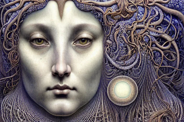 Image similar to detailed realistic beautiful moon goddess face portrait by jean delville, gustave dore, iris van herpen and marco mazzoni, art forms of nature by ernst haeckel, art nouveau, symbolist, visionary, gothic, neo - gothic, pre - raphaelite, fractal lace, intricate alien botanicals, ai biodiversity, surreality, hyperdetailed ultrasharp octane render