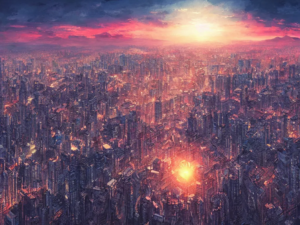 Prompt: birdseye view of a sunrise over a city, art by yoshitaka amano and alena aenami, cityscape