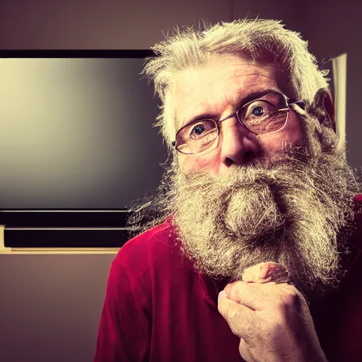 Prompt: realistic portrait of an old man, with a short beard and very messy hair, sitting on cough upfront of a tv, with crashed pop cans and empty pizza boxes all over. volumetric light. high resolution. very high details