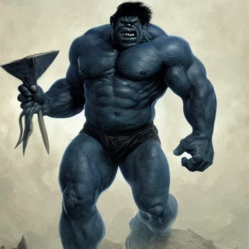 Image similar to artstation concept a midnight blue hulk holding an axe, dusty brown background, grotesque face, hyperdetailed, artstation trending, world renowned artists, worth 1 0 0 0. com, historic artworks society, antique renewel, cgsociety, by greg rutkowski, by gustave dore, deviantart