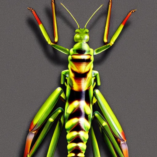 Prompt: frontview of a gold black striped praying mantis with big eyes and arms, high detail, fine lines, hyperrealistic, futuristic, sci fi, steampunk, realistic