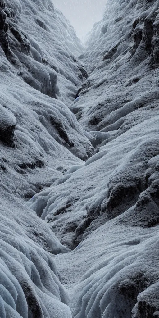 Prompt: dream looking through a hyper realistic photograph of a frozen icy canyon, minimal structure, misty, raining, meditative, timed exposure, icelandic valley, river, in the style of reuben wu, roger deakins