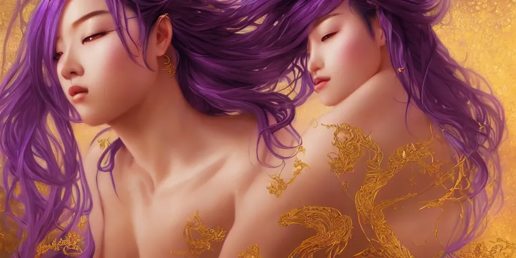 Image similar to asian nymph goddess flowing purple hair twisting in sensual pose with golden tattoes of cursive sigils on her opalescent skin, fantasy, intricate, very beautiful, elegant, golden light, highly detailed, digital painting, artstation, concept art, smooth, sharp focus, unreal engine, art by wlop and tian zi and alphonse mucha