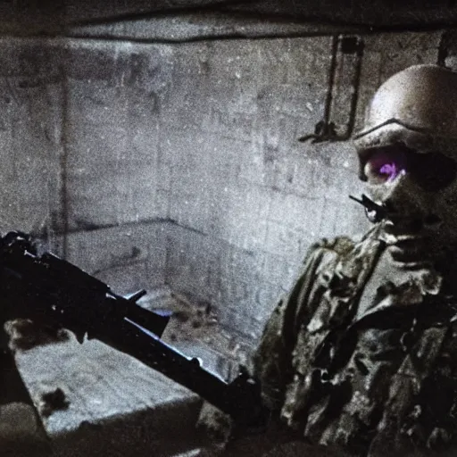 Image similar to a high quality color creepy atmospheric dimly lit extreme closeup film 3 5 mm depth of field photograph of a man wearing army fatigues, face dripping with sweat, holding a machinegun nervously pointing it in front of him getting ready to shoot, in a secret military bunker in antarctica in 1 9 8 2