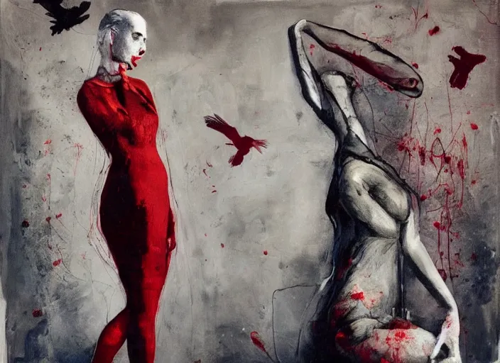 Prompt: a painting of annasophia robb bent with frozen cold stare, blood red background, transparent gray long dress, stockings, crows swarming trapped in the void as a symbol of death, in style of Francis Bacon, Ilya Kuvshinov, John Singer Sargant, impasto textures of Chaim Soutine and Frank Auerbach, American Gothic