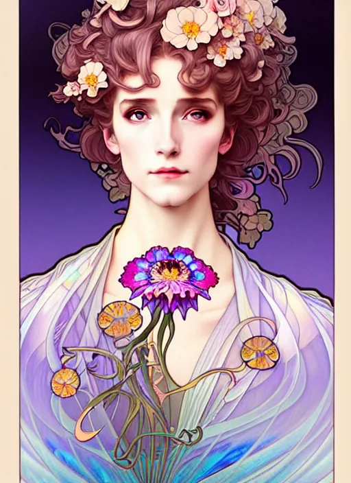 Image similar to sophie howl's moving castle, rococo and art nouveau fusion, iridescent diaphanous refractive and reflective flower bouquet, tarot card, highly detailed, deep focus, elegant, digital painting, smooth, sharp focus, illustration, ultra realistic, 8 k, art by artgerm and alphonse mucha