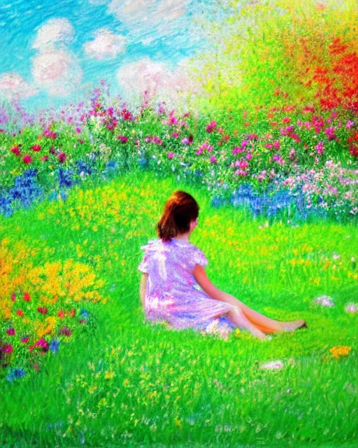 Prompt: flowers, garden at home, small fence, girl sitting on the grass, woman, clear weather, green grass, white clouds, clouds, trees around, flowers around, saturated colors, impressionism