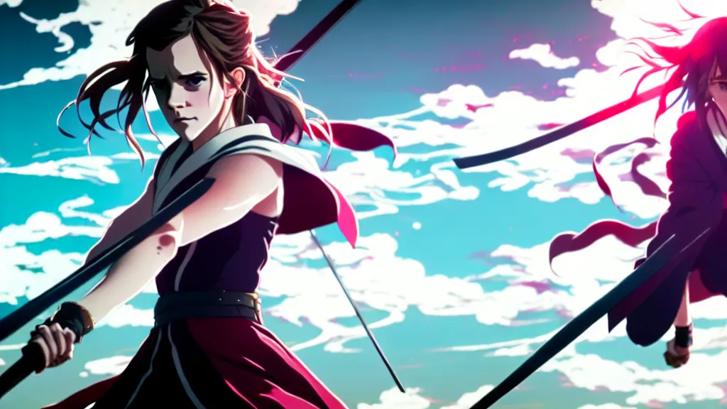 Image similar to a very detailed key visual of emma watson in demon slayer, action lines, ufotable, greg rutkowski, high resolution, dynamic pose, landscape, medium portrait, samurai outfit, action, hyper realistic, anime, koyoharu gotouge, sakuga