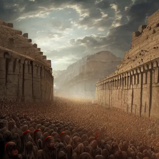 Image similar to Matte painting of large crowd of men in Biblical outfits marching in front of the walls of Jericho. People are standing on the walls looking down at them. sunrise, epic, cinematic lighting, detailed digital art trending in artstation