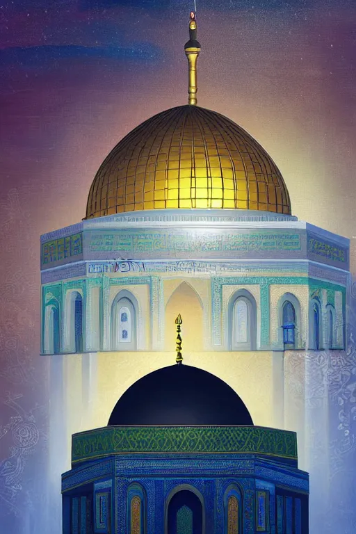 Image similar to a beautiful oil painting flyer design illustration of dome of the rock jerusalem and a silhouette of muslim is praying to god in front of it, intricate, elegant, glowing lights, highly detailed, digital painting, artstation, concept art, smooth, sharp focus, illustration, in the style of martin johnson heade and mark ryden