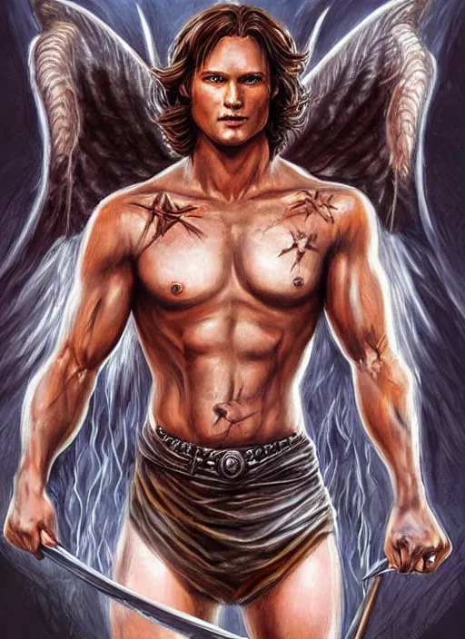 Image similar to front portrait of attractive Sam Winchester as a muscular warrior angel with demon wings wide open, teared apart T-Shirt whole body tattooed with runes and satanic symbols, D&D!, fantasy style, sharp focus!, ultra detailed, art by Artgerm and Peter Andrew Jones, WLUP