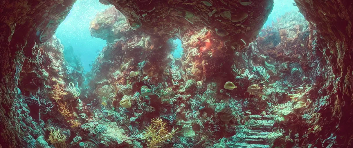 Prompt: a beautiful illustration of a an underwater first person perspective shot looking up a stone staircase leading to an ancient stone archway covered in coral and sea life that leads to with aaahh!!! Real monsters pouring out of it by James Gurney and beeple | Time White: .3 | cinematic lighting | unreal engine