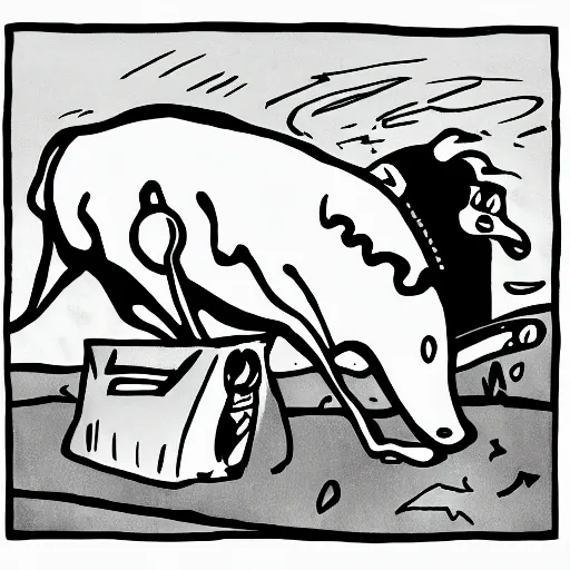 Prompt: alien abducting a cow black and white illustration