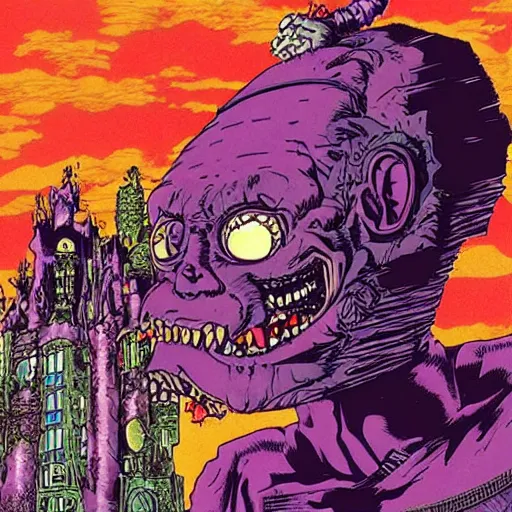 Image similar to distorted by katsuhiro otomo, by phil foglio deep purple. the experimental art features a group of monsters who live in a castle & have to deal with frankenstein's monster.