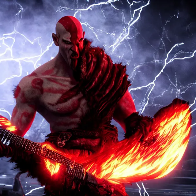 Prompt: glowing eyes evil kratos shredding on a flaming stratocaster guitar, cinematic render, god of war 2 0 1 8, santa monica studio official media, flaming eyes, lightning