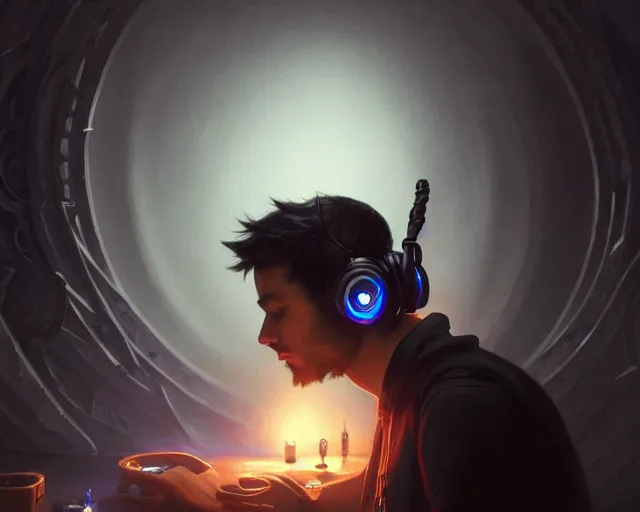 Image similar to a 4 k cinematic screenshot still portrait of a emo in a dark liminal space room listening to music wearing headphones, deep focus, d & d, fantasy, intricate, elegant, highly detailed, digital painting, artstation, concept art, matte, sharp focus, illustration, dark fantasy style art, hearthstone, art by artgerm and greg rutkowski and alphonse mucha