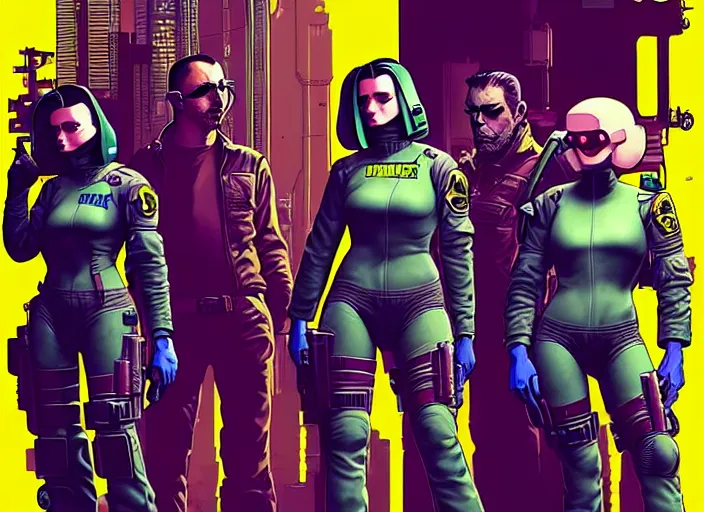 Image similar to cyberpunk hazmat tactical squad. portrait by stonehouse and mœbius and will eisner and gil elvgren and pixar. character design. realistic proportions. cyberpunk 2 0 7 7 character art, blade runner 2 0 4 9 concept art. cel shading. attractive face. thick lines. the team. diverse characters. artstationhq.