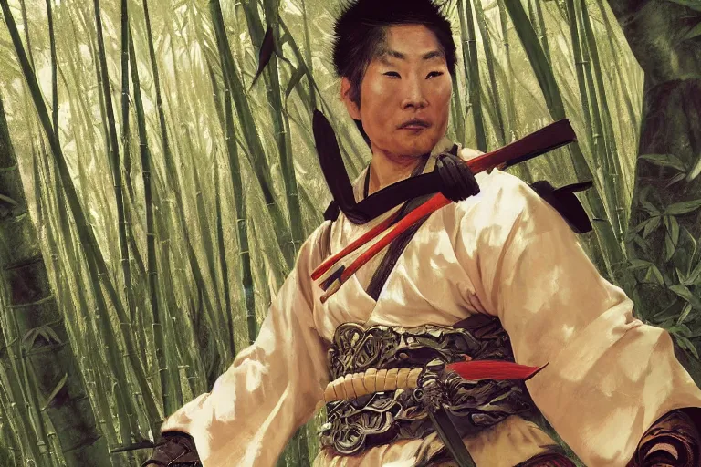 Prompt: close up of samurai in full armor, in a mysterious and bamboo forest, dawn, by huang guangjian and gil elvgren, sachin teng, greg manchess