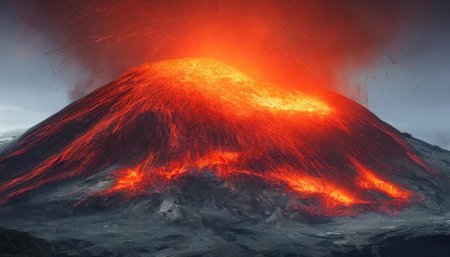 Image similar to Volcano that explodes and destroys villages in the vicinity, hyperdetailed, artstation, cgsociety, 8k