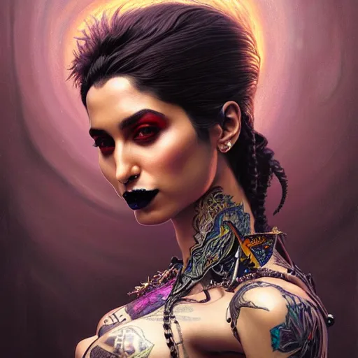 Image similar to portrait painting of iman vellani as a punk fairy, ultra realistic, concept art, intricate details, eerie, highly detailed, photorealistic, octane render, 8 k, unreal engine. art by artgerm and greg rutkowski and charlie bowater and magali villeneuve and alphonse mucha