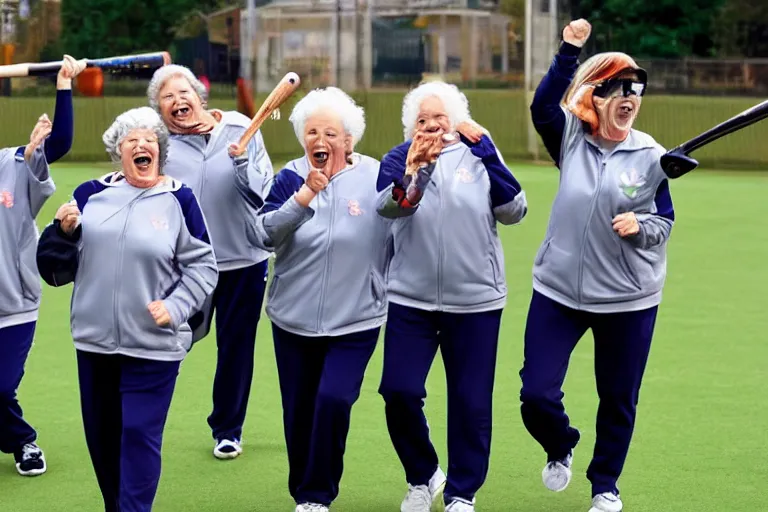 Image similar to a gang of old ladies waving baseball bats and wearing track suits laughing maniacally and screaming