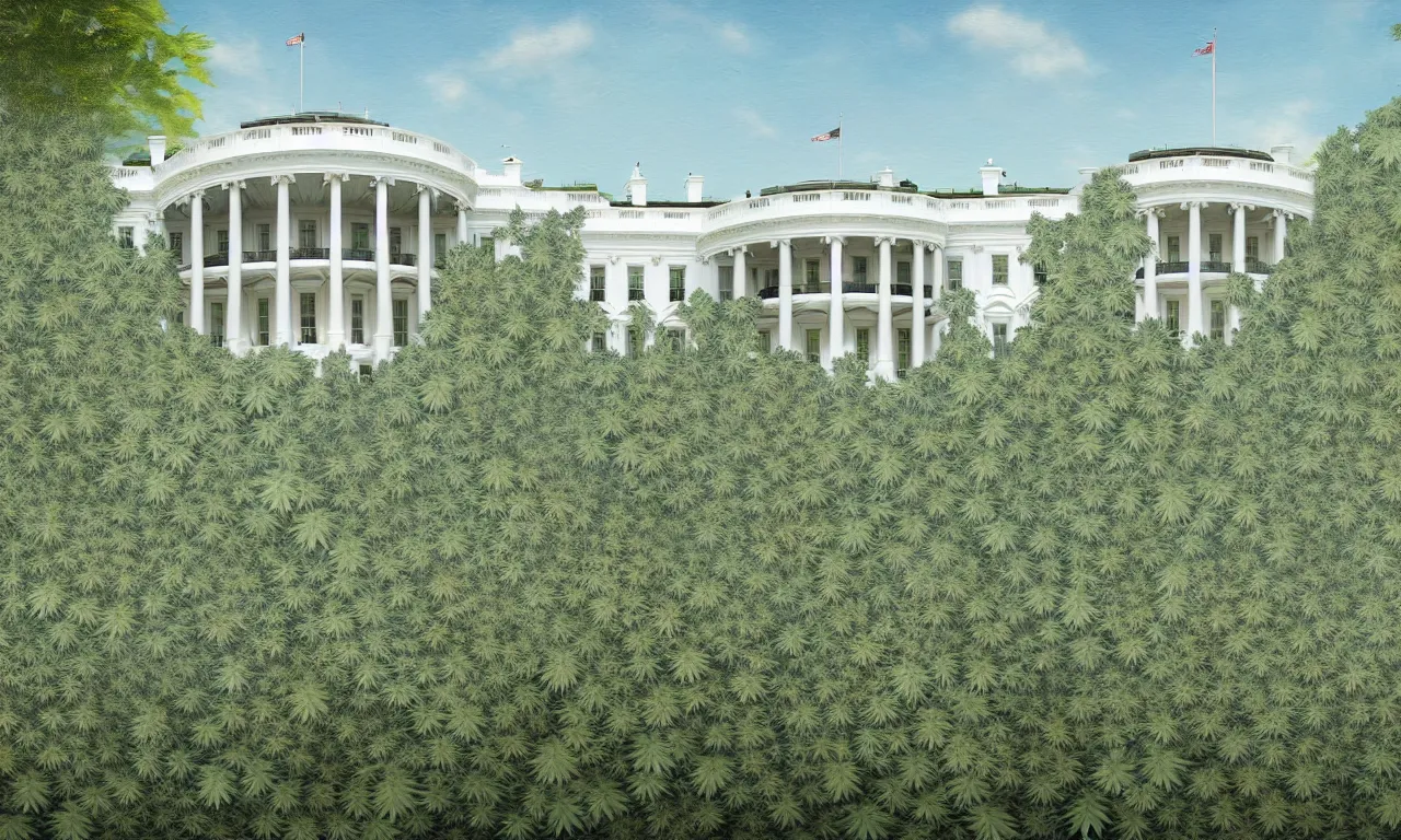 Image similar to a architectural portrait of the white house surrounded in wild blooming cannabis on a beautiful summer day, cg art, fine art, highly detailed, digital painting, cgi, volumetric lighting, sunny atmosphere