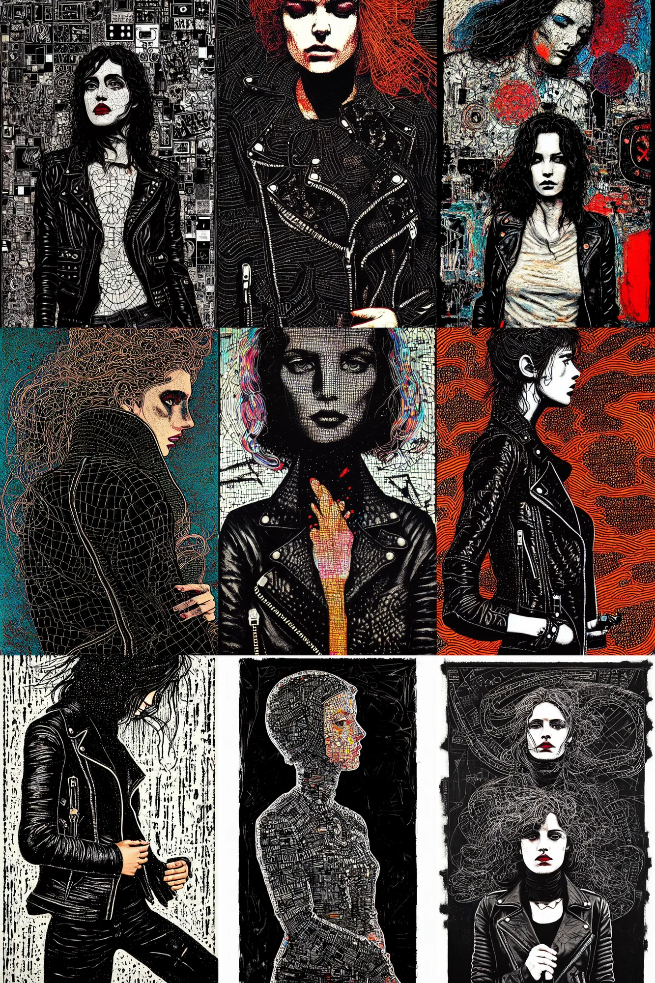 Image similar to dreamy rock girl, black leather jacket, detailed acrylic, grunge, intricate complexity, by dan mumford and by alberto giacometti, peter lindbergh, malevich, william stout