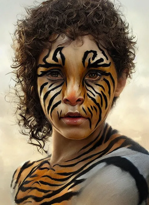 Prompt: a little girl with short curly brown hair with her face painted like a tiger. face painting of a tiger. beautiful highly detailed face. painting by artgerm and greg rutkowski and raymond swanland.