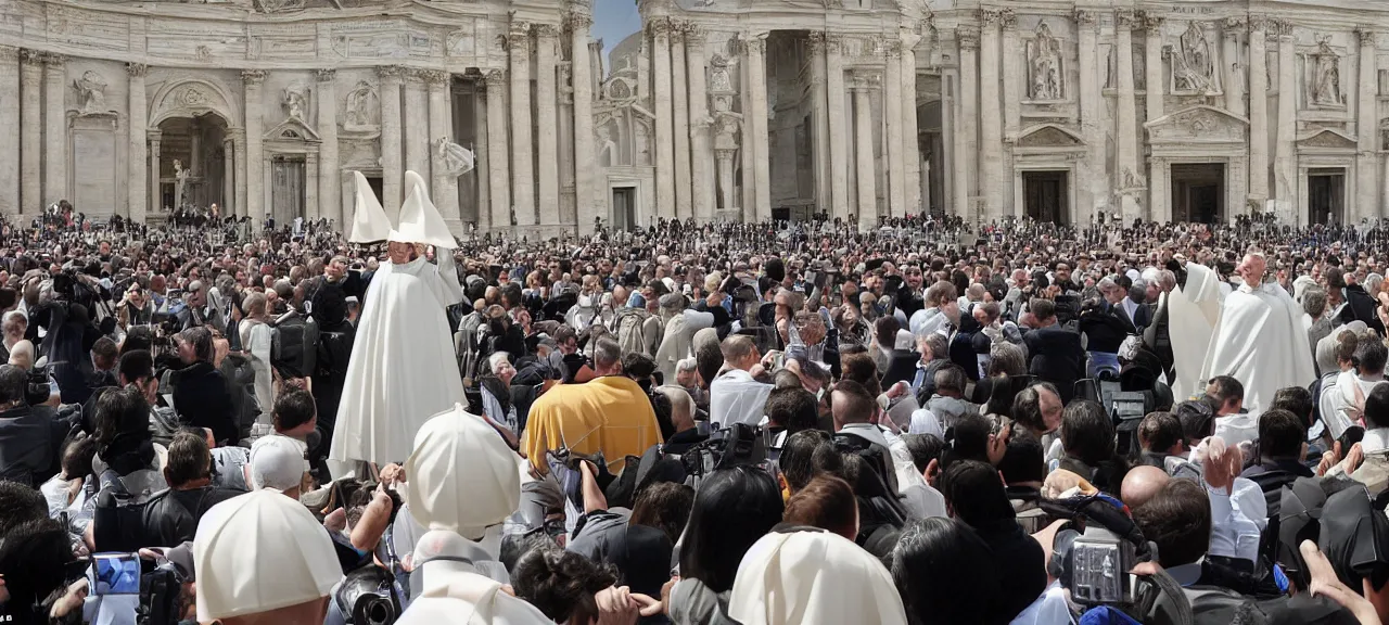 Image similar to Surprised Priests Watching Landing of an realistic unfiendly glowing Alien spaceShip in the Middle of the Vatican Square, Very Restless and Dramatic Atmosphere, Realism, Detailed Journalistic Photography