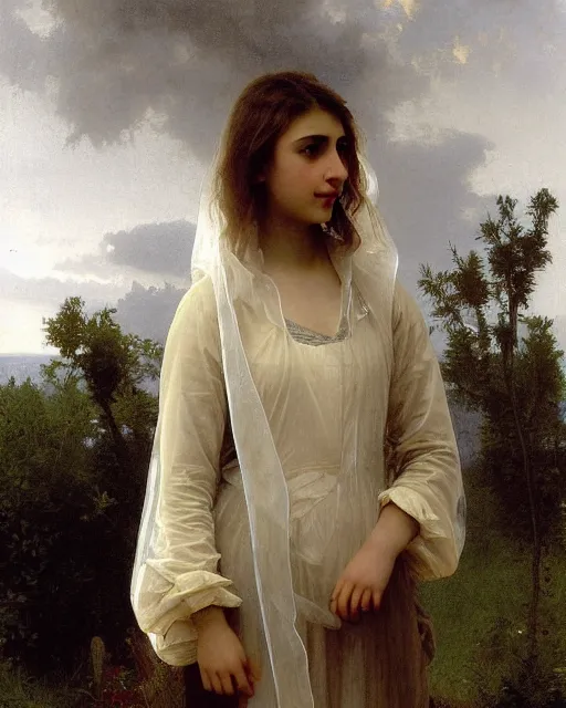 Image similar to a 16-year old girl who resembles Ana de Armas and Saoirse Ronan, wearing a transparent raincoat, detailed oil painting by William Adolphe Bouguereau