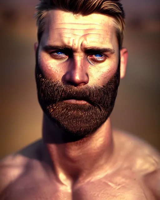 Image similar to portrait of muscular, tired and alcoholic 3 0 - year - old handsome man with short darkblonde hair, serious sad look in his eyes, dirty beard, blue eyes, wearing dirty soldier uniform, on the desert, hyper realistic face, beautiful eyes, character art, art by mark brooks, hyperdetailed, cryengine, trending on artstation, digital art
