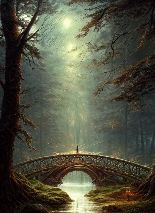 Image similar to old bridge, fantasy forest landscape, fantasy magic, light night, intricate, elegant, sharp focus, illustration, highly detailed, digital painting, concept art, matte, art by wlop and artgerm and ivan shishkin and andrey shishkin, masterpiece