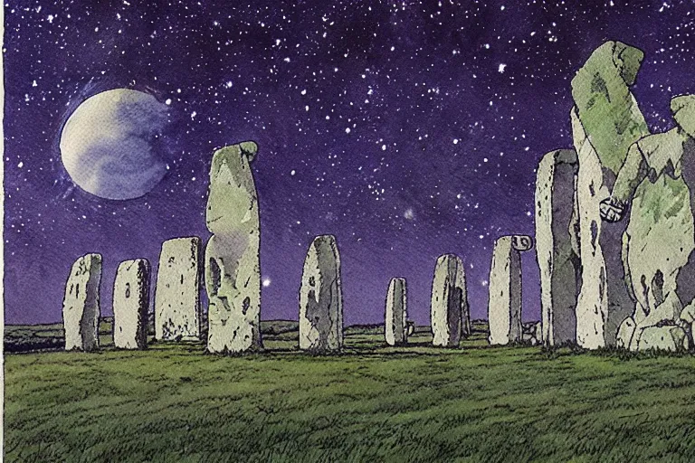 Image similar to hyperrealist studio ghibli watercolor fantasy concept art of a 1 0 0 ft. giant sittong on stonehenge. it is a misty starry night. by rebecca guay, michael kaluta, charles vess