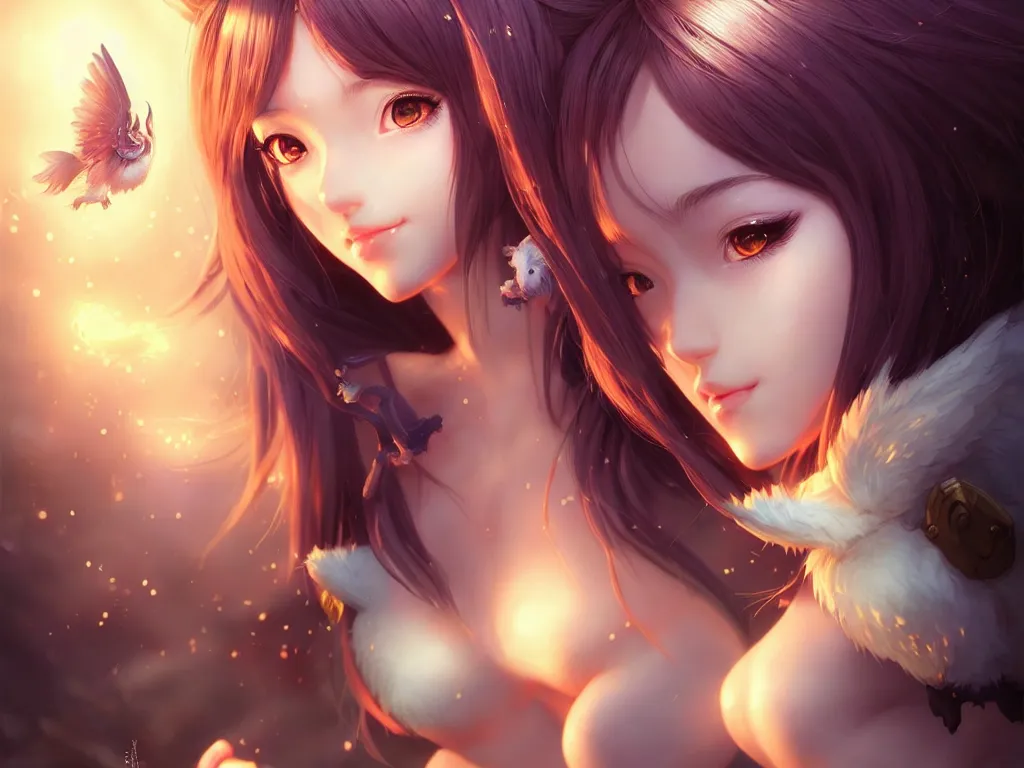 Prompt: lovely summoner girl with her magical animal compaions, occlusion shadow, specular reflection, rim light, unreal engine, artgerm, artstation, art by hiroaki samura and ilya kuvshinov and ossdraws, high quality, intricate detailed 8 k, fantasy illustration, extremely beautiful and aesthetic shape of face and body, movie poster