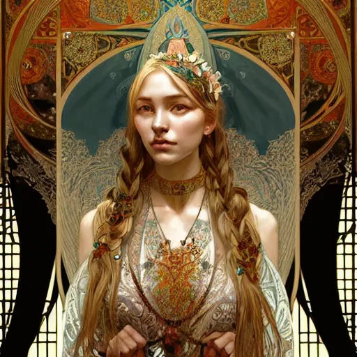 Prompt: a portrait of a female dear hybrid, upper half portrait, decorated with russian motifs, russian shaman, siberia, traditional russia, intricate, elegant, highly detailed, symmetry, headpiece, digital painting, artstation concept art smooth sharp focus, illustration, art by artgerm and greg rutkowski alphonse mucha 8 k