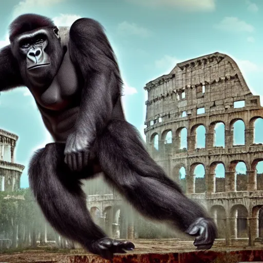 Image similar to a gorilla flying through Ancient Rome, digital art, highly detailed, trending on artstation