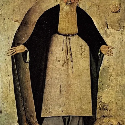 Image similar to portrait of an old skinny wise wizard man in an ancient robe, art by hieronymus bosch