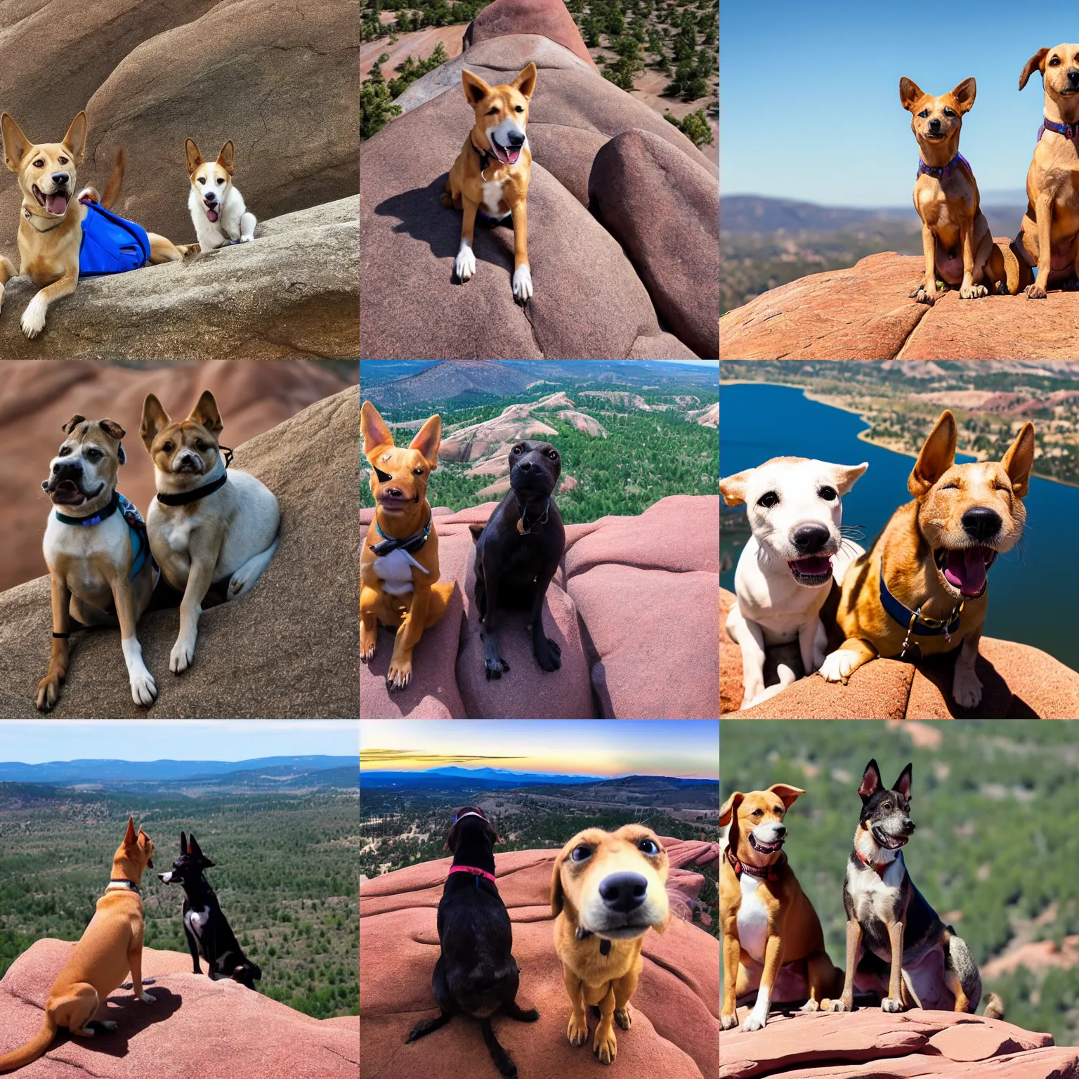 Prompt: Pixar movie, Two cute Carolina dogs that are best friends sitting on top of Horsetooth Rock in Fort Collins Colorado