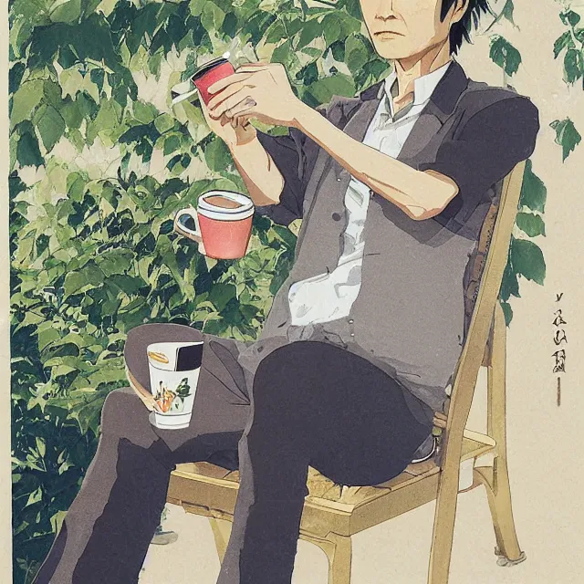 Image similar to ryuichi tanaka drinking coffee in the garden. gouache and gold leaf by the award - winning concept artist