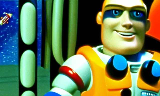 Image similar to full - color cinematic movie still from a 1 9 6 8 science - fiction film by stanley kubrickstarring buzz lightyear in a space - station. detailed facial - features ; epic ; artistic ; oscar - winning.