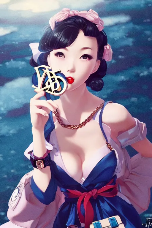 Image similar to a pin up and beautiful fashion dreamlke japan girl with lv jewelry, character art, art by artgerm and wlop and and ilya kuvshinov, hyperdetailed, 8 k realistic, symmetrical, frostbite 3 engine, cryengine, dof, trending on artstation, digital art, chanel, dior, fantasy background