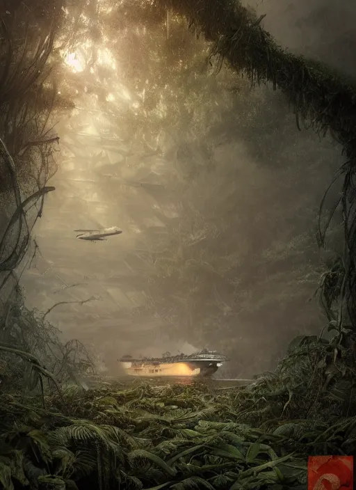 Image similar to aircraft carrier USS Nimitz overgrown with vegetation laying on the ground of a tropical forest, post appocalyptic, by Luis Royo, by Greg Rutkowski, dark, gritty, intricate, cover illustration, concept art, volumetric lighting, volumetric atmosphere, sharp focus, octane render, trending on artstation, 8k