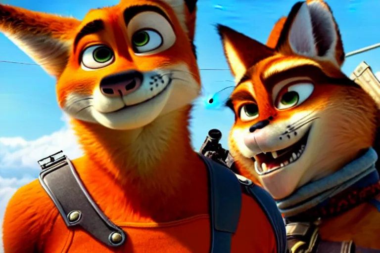 Image similar to nick wilde ( from zootopia ), heavily armed and armored facing down armageddon in a dark and gritty reboot from the makers of mad max : fury road